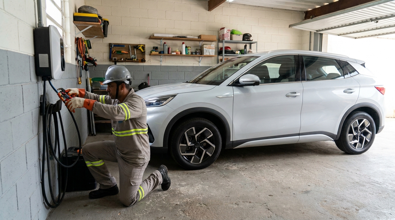 Eletricista instalando carregador de carro eletrico em Santos‑SP