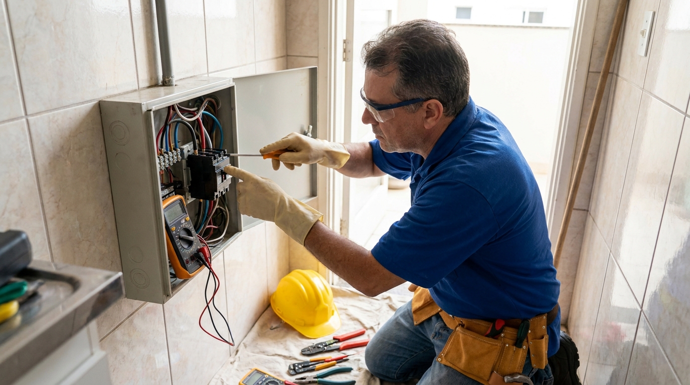 Eletricista instalando disjuntor em Santos‑SP