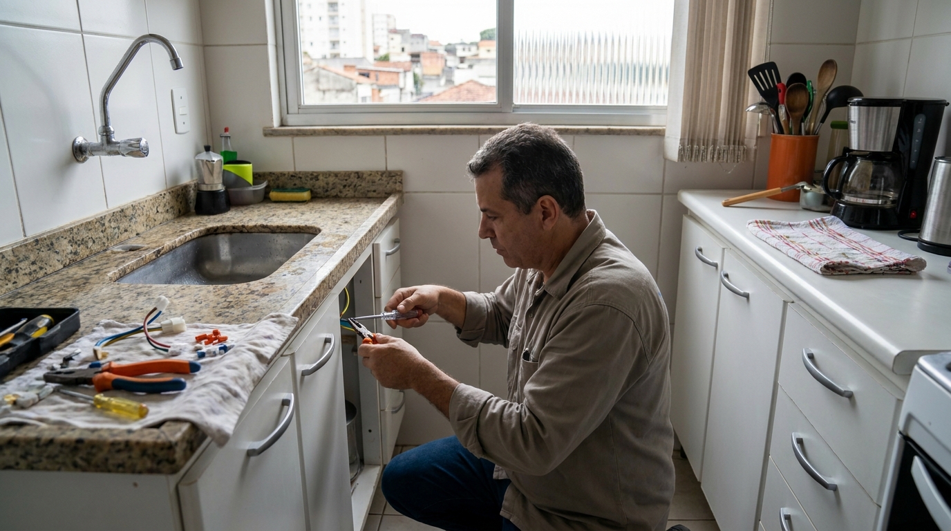 Eletricista instalando torneira eletrica em Santos‑SP
