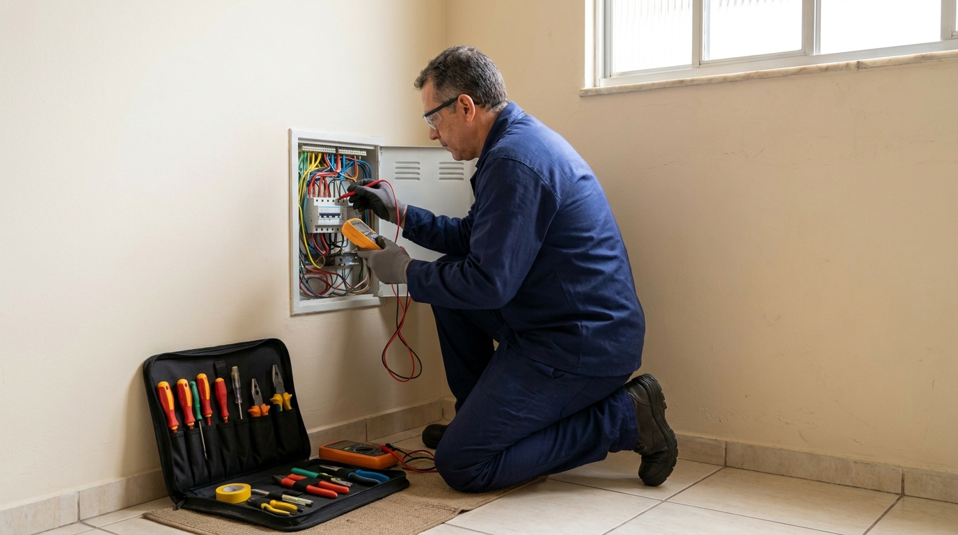 Eletricista atendendo em residência em Santos‑SP