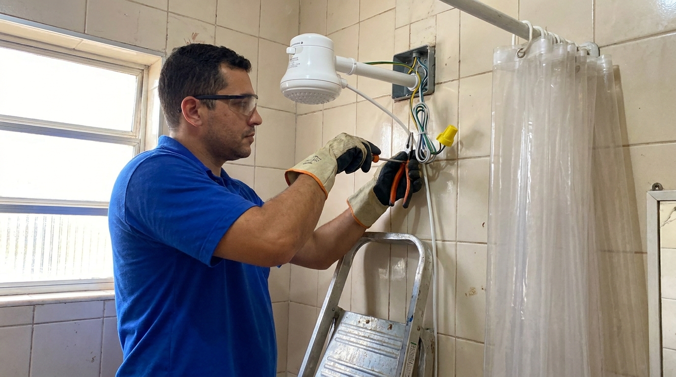 Instalacao de chuveiro eletrico residencial em Santos‑SP